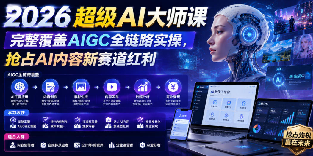 2026超级AI大师课,完整覆盖AIGC全链路实操,抢占AI内容新赛道红利-淘金社:轻创终点站