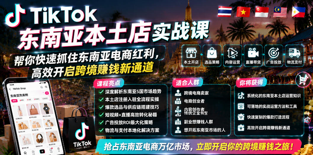 TikTok东南亚本土店实战课,帮你快速抓住东南亚电商红利,高效开启跨境賺钱新通道-淘金社:轻创终点站