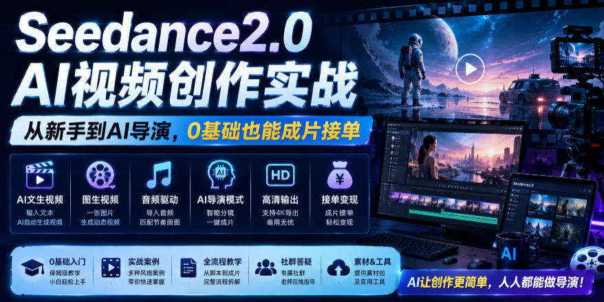 Seedance2.0 AI视频创作实战，从新手到AI导演，0基础也能成片接单变现-淘金社:轻创终点站
