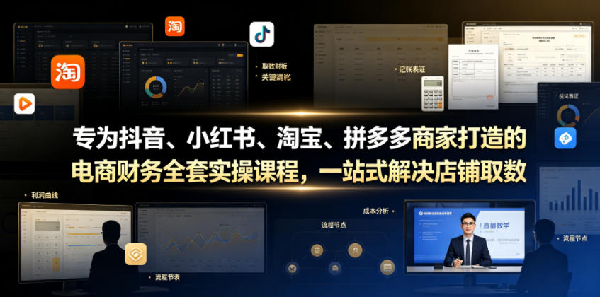 专为抖音、小红书、淘宝、拼多多商家打造的电商财务全套实操课程，一站式解决店铺取数、记账、报税全流程难题-淘金社:轻创终点站