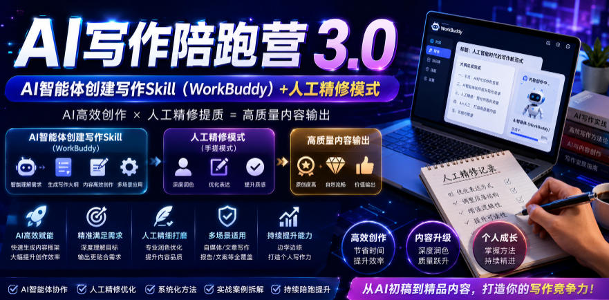 AI写作陪跑营3.0，Ai智能体创建写作skill(workbuddy)+人工手写模式(手搓模式)，去除AI痕迹(头条号、公众号、百家号)-淘金社:轻创终点站