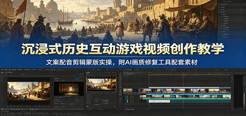 沉浸式历史互动游戏视频创作教学：文案配音剪辑蒙版实操，附AI画质修复工具配套素材-淘金社:轻创终点站