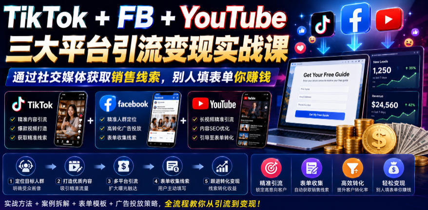 TikTok+FB+YouTube三大平台引流变现实战课，通过社交媒体获取销售线索，别人填表单你賺钱【原创双语字幕】-淘金社:轻创终点站