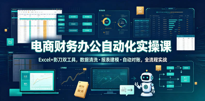 电商财务办公自动化实操课，Excel+影刀双工具，数据清洗・报表建模・自动对账，全流程实战-淘金社:轻创终点站