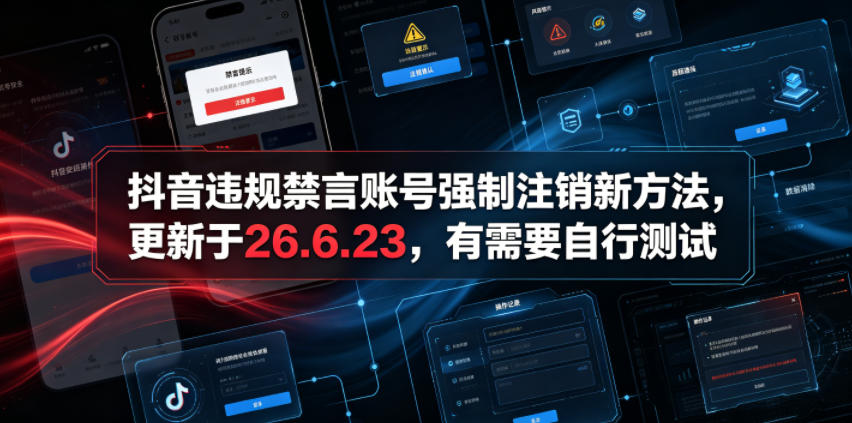 抖音违规禁言账号强制注销新方法，更新于26.6.23，有需要自行测试-淘金社:轻创终点站