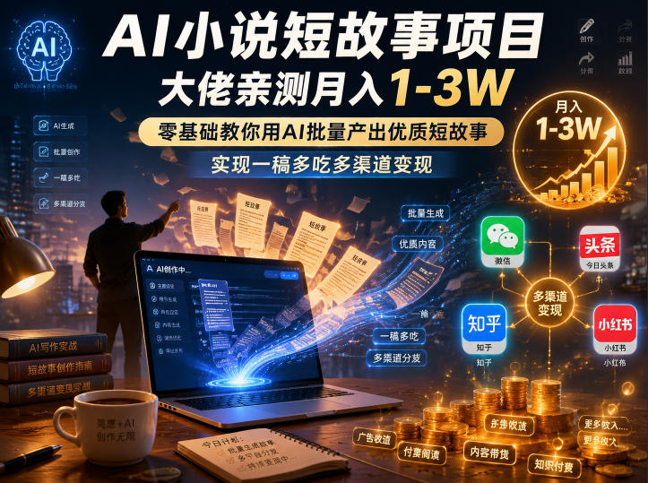 AI小说短故事项目，大佬亲测月入1-3W，零基础教你用AI批量产出优质短故事，实现一稿多吃多渠道变现(更新0624)-淘金社:轻创终点站
