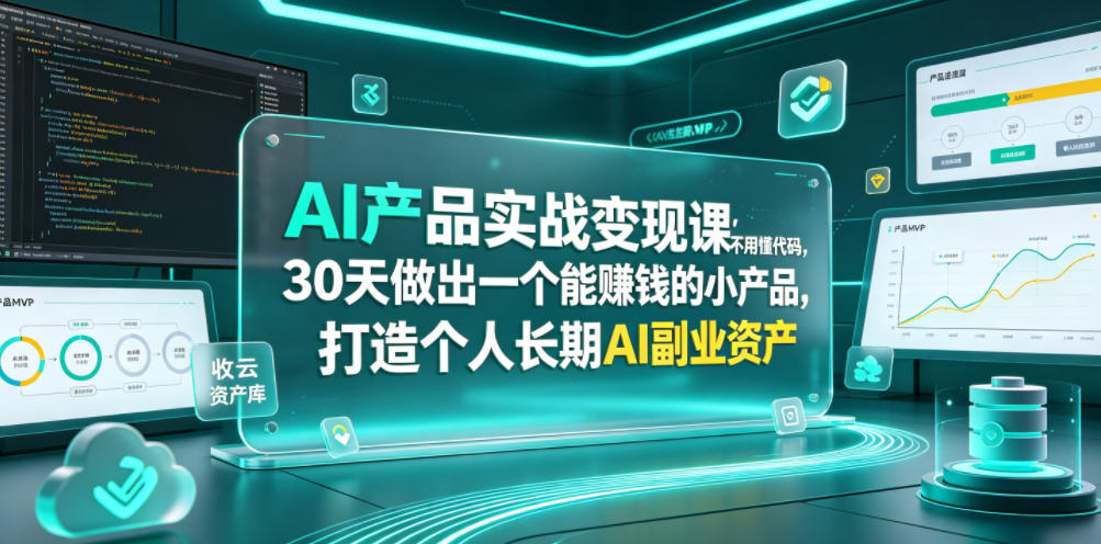 AI产品实战变现课，不用懂代码，30天做出一个能賺钱的小产品，打造个人长期AI副业资产-淘金社:轻创终点站