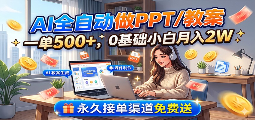 AI全自动做PPT/教案，一单500+，0基础小白月入2W，永久接单渠道免费送-淘金社:轻创终点站