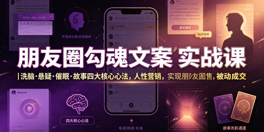 朋友圈勾魂文案实战课｜洗脑·悬疑·催眠·故事四大核心心法，吃透人性营销，实现朋友圈不销而售被动成交-淘金社:轻创终点站