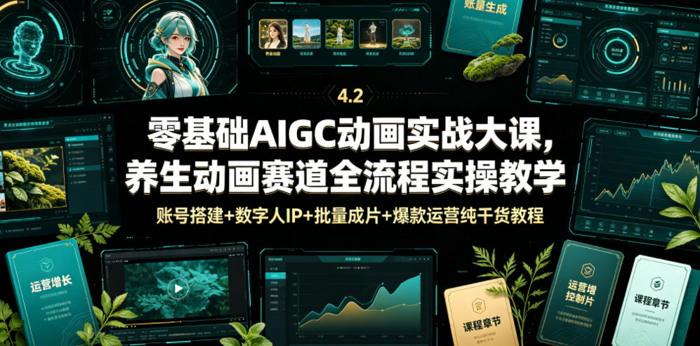 零基础AIGC动画实战大课，养生动画赛道全流程实操教学，账号搭建+数字人IP+批量成片+爆款运营纯干货教程-淘金社:轻创终点站