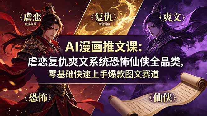 AI漫画推文课：虐恋复仇爽文系统恐怖仙侠全品类，零基础快速上手爆款图文赛道-淘金社:轻创终点站
