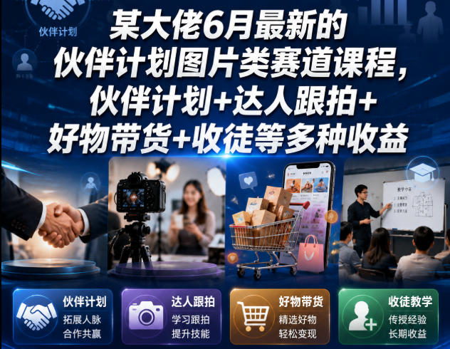 某大佬6月最新的伙伴计划图片类赛道课程，伙伴计划+达人跟拍+好物带货+收徒等多种收益-淘金社:轻创终点站