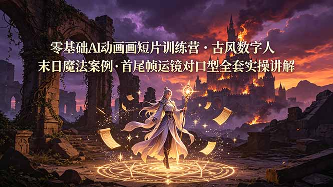 零基础AI动画短片训练营，古风数字人末日魔法案例，首尾帧运镜对口型全套实操讲解-淘金社:轻创终点站