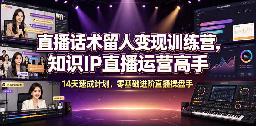 直播话术留人变现训练营，知识IP直播运营高手，14天速成计划，零基础进阶直播操盘手-淘金社:轻创终点站