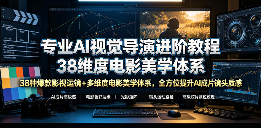 专业AI视觉导演进阶教程，38种爆款影视运镜+多维度电影美学体系，全方位提升AI成片高级感与镜头质感-淘金社:轻创终点站