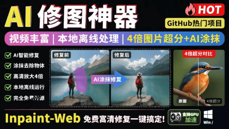 本地离线处理，4倍图片超分+AI涂抹去水印！Github上热门神器，免费高清修复图一键搞定！Inpaint-Web-淘金社:轻创终点站