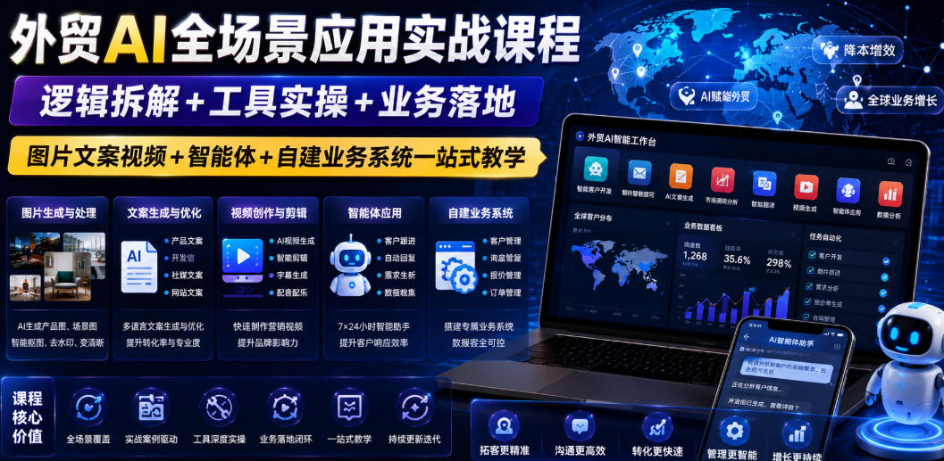 外贸AI全场景应用实战课程｜逻辑拆解+工具实操+业务落地，图片文案视频+智能体+自建业务系统一站式教学-淘金社:轻创终点站