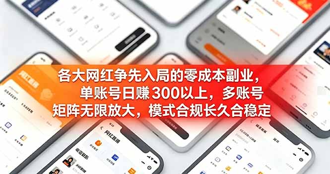 各大网红争先入局的零成本副业，单账号日赚 300 以上，多号矩阵可放大，模式合规长久稳定！-淘金社:轻创终点站