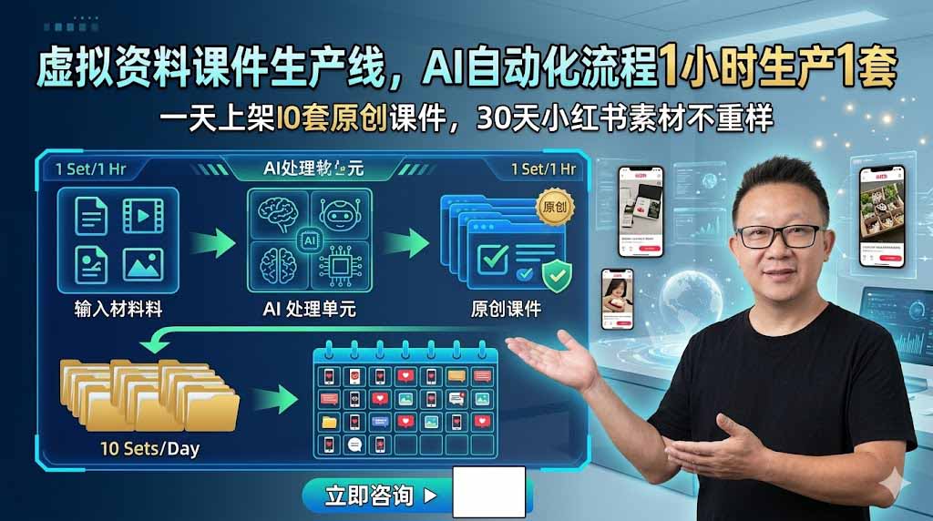 虚拟资料课件生产线，AI自动化流程1小时生产1套，一天上架10套原创课件，30天小红书素材不重样-淘金社:轻创终点站