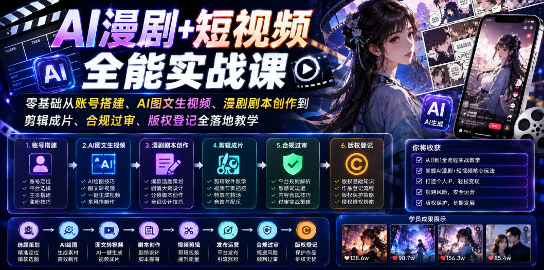 AI漫剧+短视频全能实战课｜零基础从账号搭建、AI图文生视频、漫剧剧本创作到剪辑成片、合规过审、版权登记全落地教学-淘金社:轻创终点站