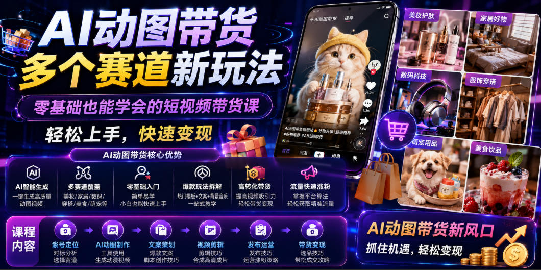 AI动图带货多个赛道新玩法，零基础也能学会的短视频带货课，轻松上手，快速变现-淘金社:轻创终点站