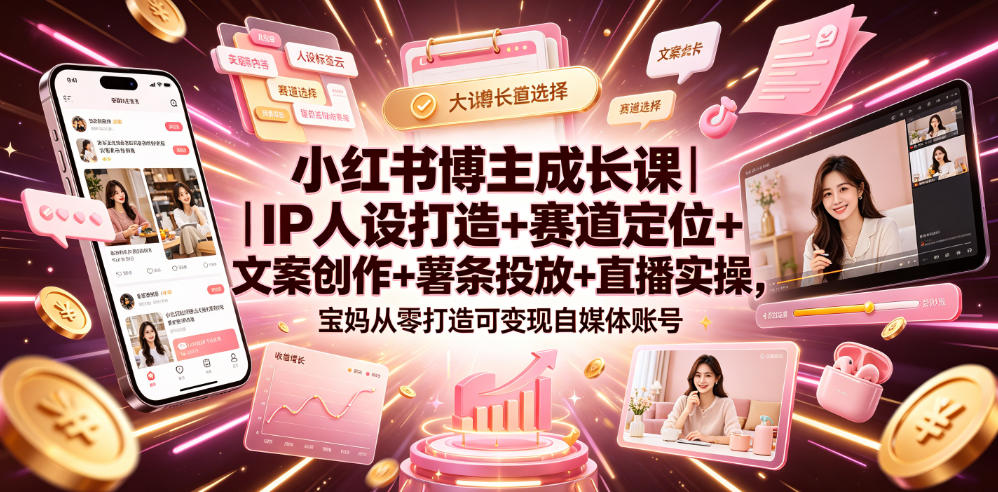 小红书博主成长课|IP人设打造+赛道定位+文案创作+薯条投放+直播实操,宝妈从零打造可变现自媒体账号-淘金社:轻创终点站
