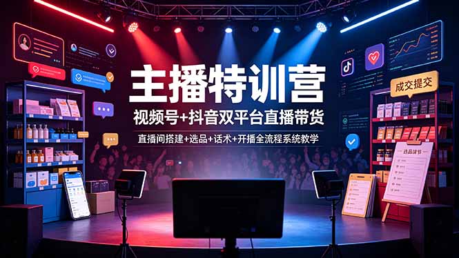 主播特训营：视频号+抖音双平台直播带货，直播间搭建+选品+话术+开播全流程系统教学-淘金社:轻创终点站