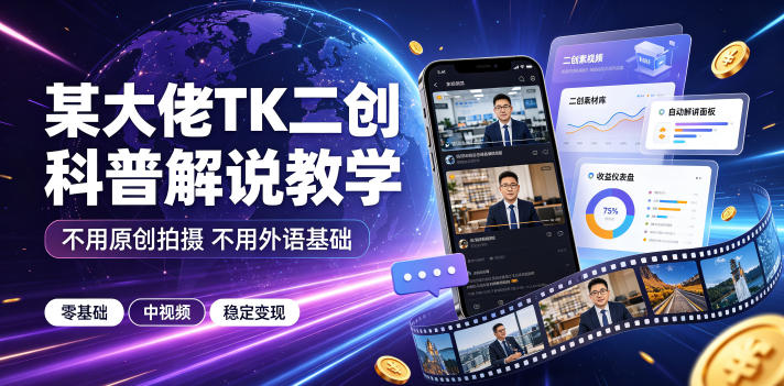 某大佬TK二创科普解说教学，不用原创拍摄不用外语基础，零基础做TikTok中视频稳定变现-淘金社:轻创终点站