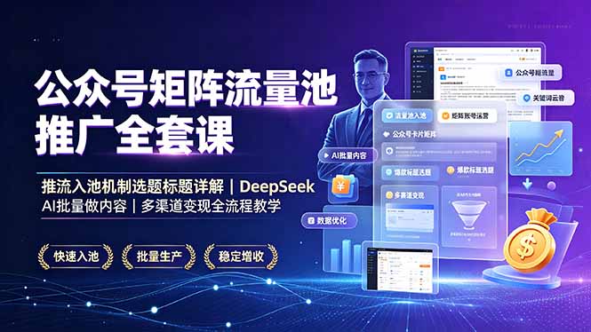 公众号矩阵流量池推广全套课，推流入池机制选题标题详解，DeepSeek AI批量做内容，多渠道变现全流程教学-淘金社:轻创终点站
