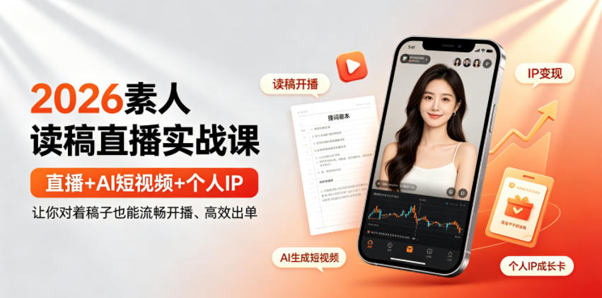 2026素人读稿直播实战课｜直播+AI短视频+个人IP，让你对着稿子也能流畅开播、高效出单-淘金社:轻创终点站