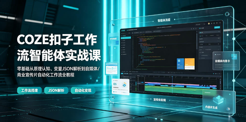 COZE扣子工作流智能体实战课｜零基础从原理认知、变量JSON解析到自媒体/商业宣传片自动化工作流全教程-淘金社:轻创终点站