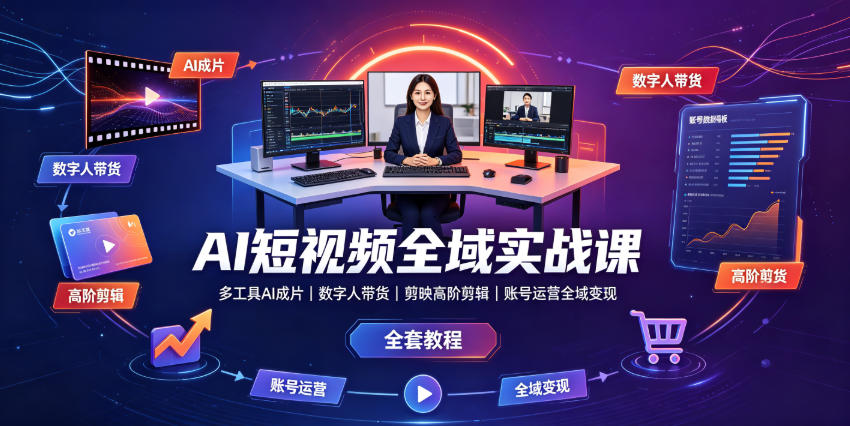 AI短视频全域实战课｜多工具AI成片、数字人带货、剪映高阶剪辑、账号运营全域变现全套教程-淘金社:轻创终点站