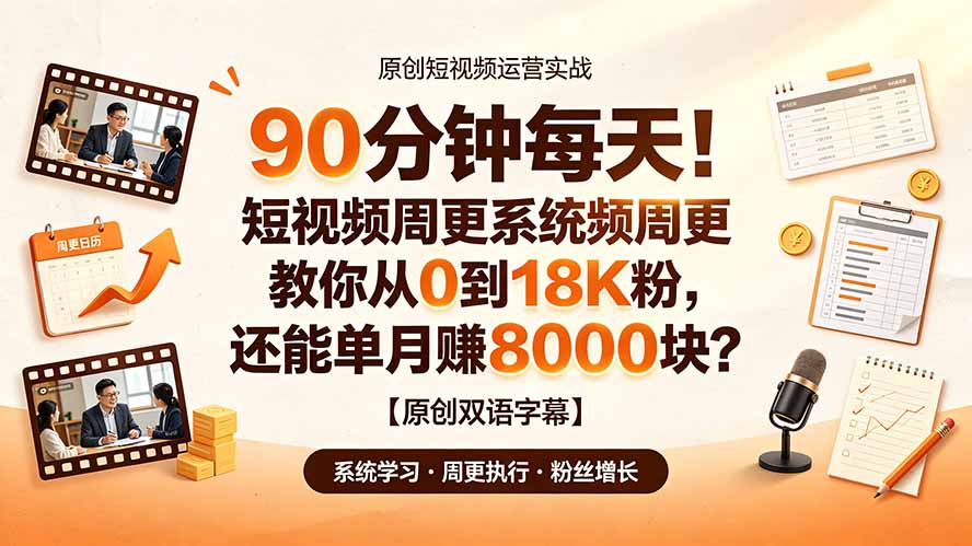90 分钟每天！短视频周更系统教你从 0 到 18K 粉，还能单月赚 8000 块？【原创双语字幕】-淘金社:轻创终点站