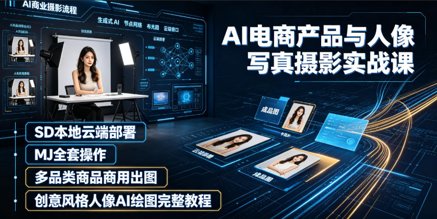 AI电商产品与人像写真摄影实战课｜SD本地云端部署、MJ全套操作、多品类商品商用出图、创意风格人像AI绘图完整教程-淘金社:轻创终点站