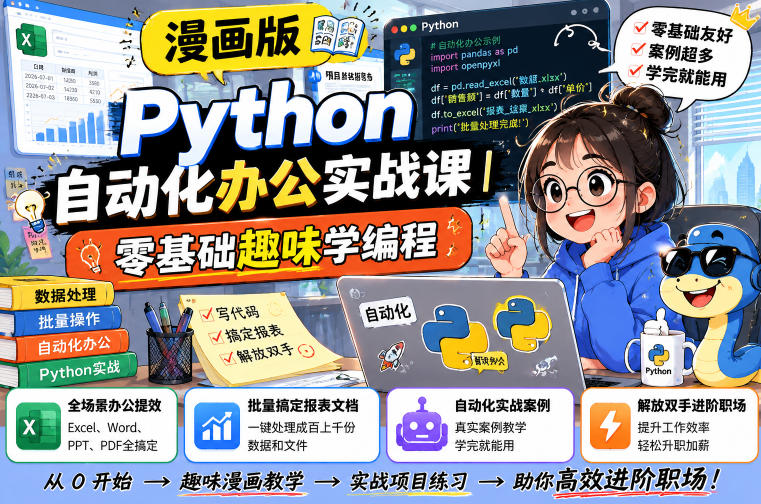 漫画版Python自动化办公实战课｜零基础趣味学编程，全场景办公提效、批量搞定报表文档、解放双手进阶职场-淘金社:轻创终点站