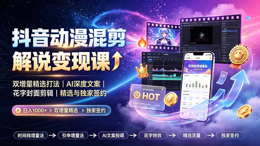 抖音动漫混剪解说变现课:双增量精选打法|AI深度文案|花字封面剪辑| 精选与独家签约日入1000+-淘金社:轻创终点站