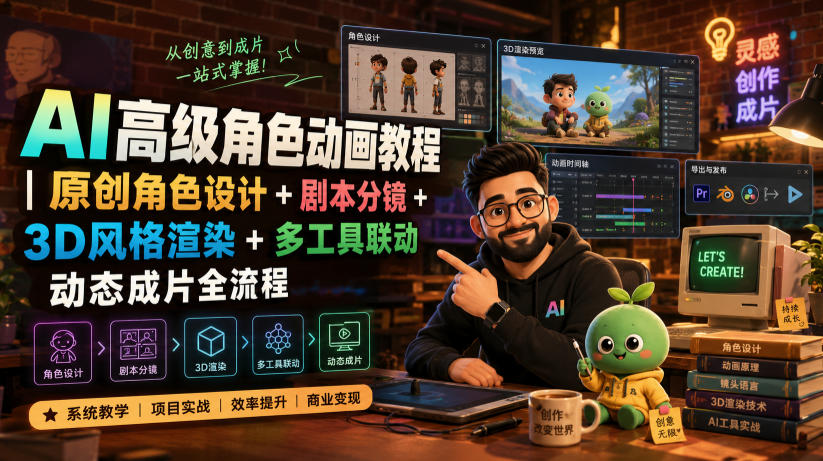 AI高级角色动画教程|原创角色设计+剧本分镜+3D风格渲染+多工具联动动态成片全流程【中英字幕】-淘金社:轻创终点站