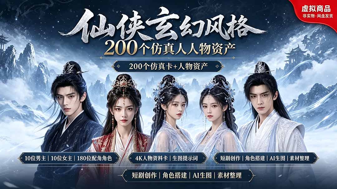 200个仙侠玄幻仿真人素材◆10男主×10女主×180配角,4K资料卡+AI生图提示词,漫剧必备-淘金社:轻创终点站