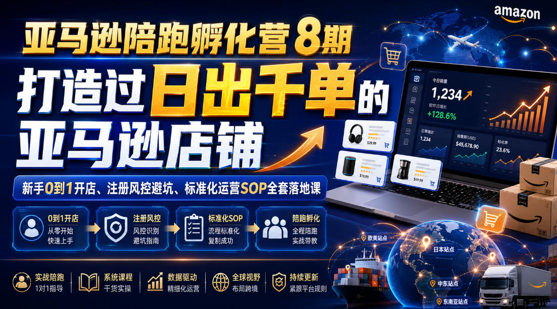 亚马逊陪跑孵化营8期，打造过日出千单的亚马逊店铺，新手0到1开店、注册风控避坑、标准化运营SOP全套落地课-淘金社:轻创终点站