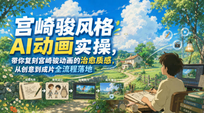 宫崎骏风格AI动画实操，带你复刻宫崎骏动画的治愈质感，从创意到成片全流程落地-淘金社:轻创终点站