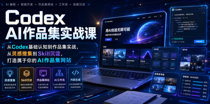 Codex AI作品集实战课，从Codex基础认知到作品集实战，从灵感搜集到Skill沉淀，打造属于你的AI作品集网站-淘金社:轻创终点站