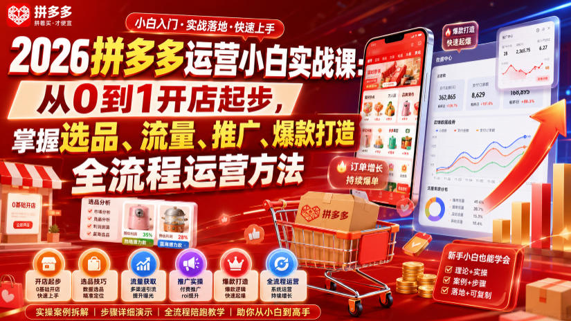 2026拼多多运营小白实战课:从0到1开店起步,掌握选品、流量、推广、爆款打造全流程运营方法-淘金社:轻创终点站