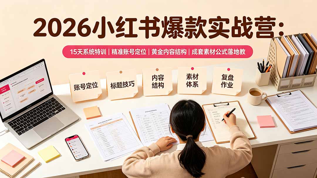 2026小红书爆款实战营：15天系统特训｜精准账号定位｜黄金内容结构｜成套素材公式落地教程-淘金社:轻创终点站