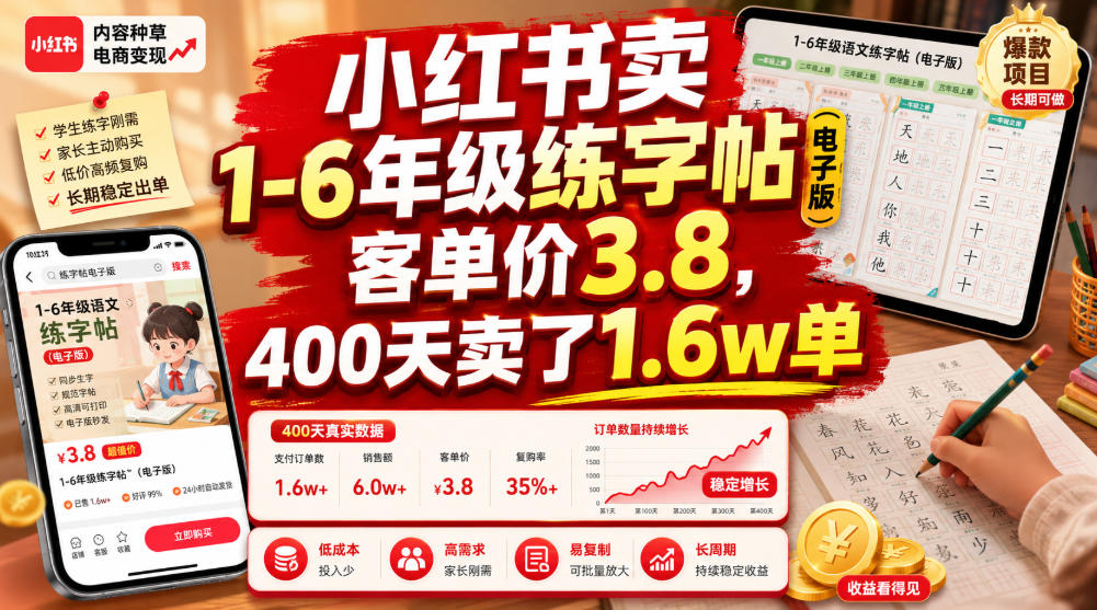 小红书卖1-6年级练字帖(电子版)，客单价3.8，400天卖了1.6w单-淘金社:轻创终点站