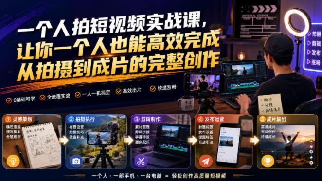 一个人拍短视频实战课，让你一个人也能高效完成从拍摄到成片的完整创作-淘金社:轻创终点站