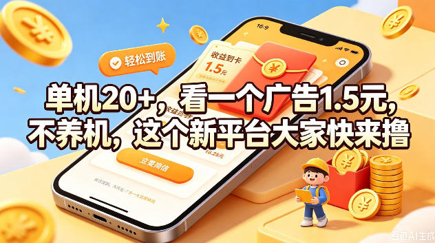单机20+，看一个广告1.5米，不养机，这个新平台大家快来撸【揭秘】-淘金社:轻创终点站