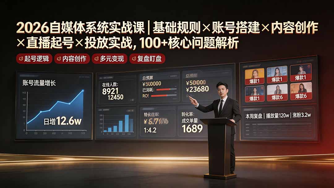 2026自媒体系统实战课｜基础规则×账号搭建×内容创作×直播起号×投放实战，100+核心问题解析-淘金社:轻创终点站