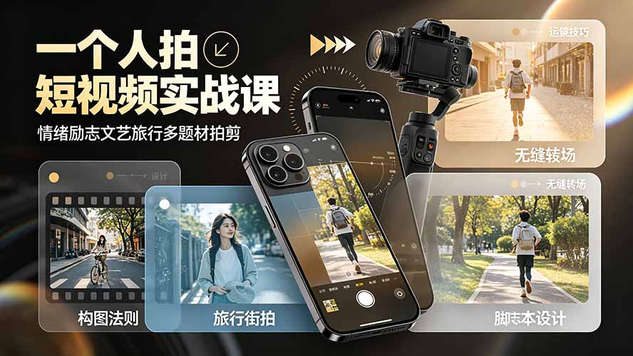 一个人拍短视频实战课：情绪励志文艺旅行多题材×五大景别×黄金构图×八大运镜，从拍摄到成片高效创作-淘金社:轻创终点站