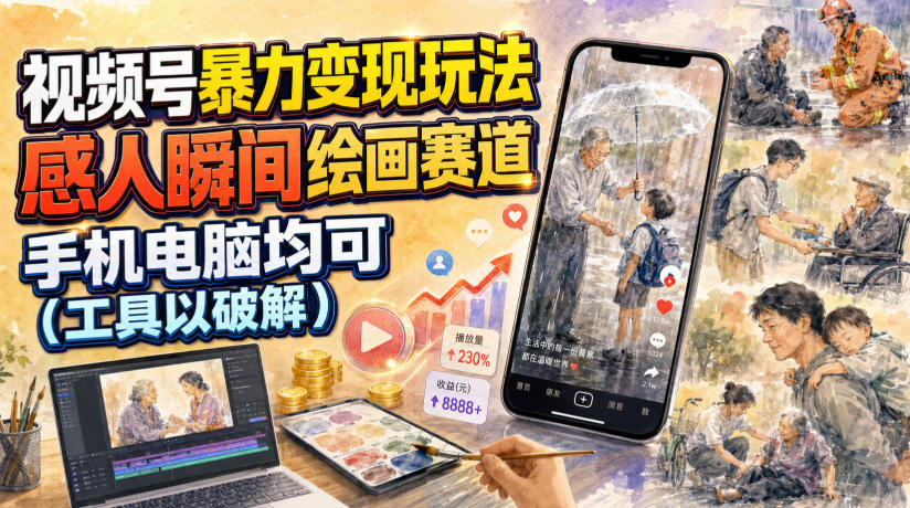 视频号暴力变现玩法，感人瞬间绘画赛道，手机电脑均可-淘金社:轻创终点站