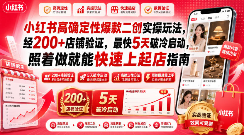 小红书高确定性爆款二创实操玩法，经200+店铺验证，最快5天破冷启动，照着做就能快速上起店指南-淘金社:轻创终点站